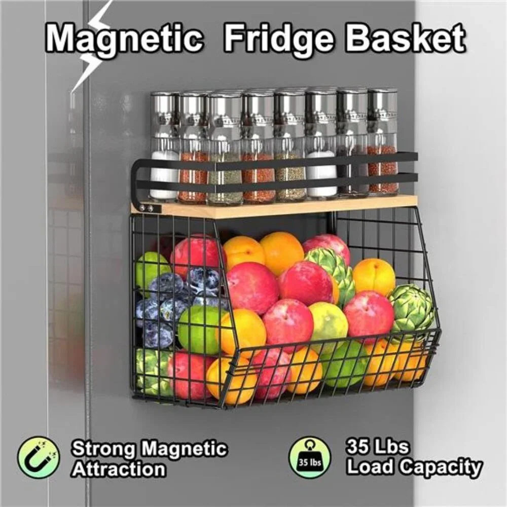Magnetic Shelf for Fridge with Wood Lid, Fruit Potato & Onion Storage Bins,